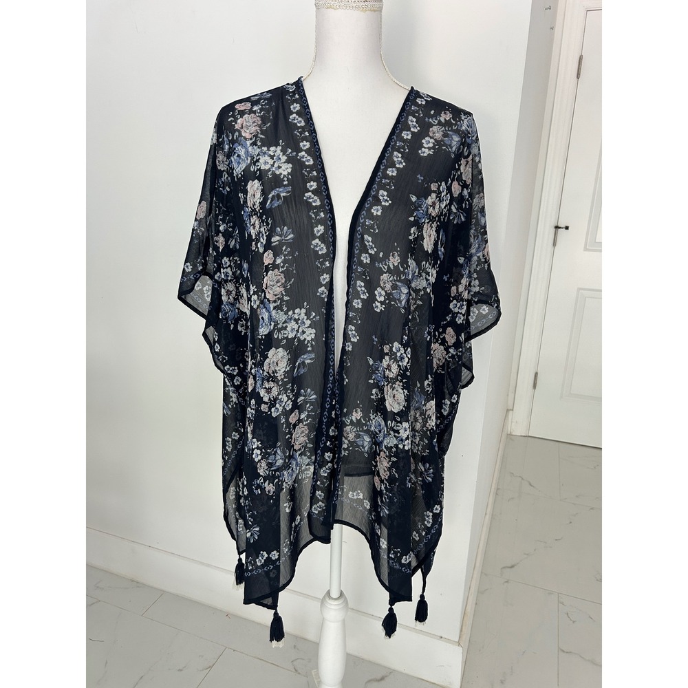Jolt Navy Blue Floral Sheer Kimono Cardigan Tassel Trim Boho Wrap Womens Medium